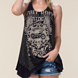 VOCAL MOTORCYCLE REBEL ROCK GRAPHIC tank TOP bling rhinestone biker S